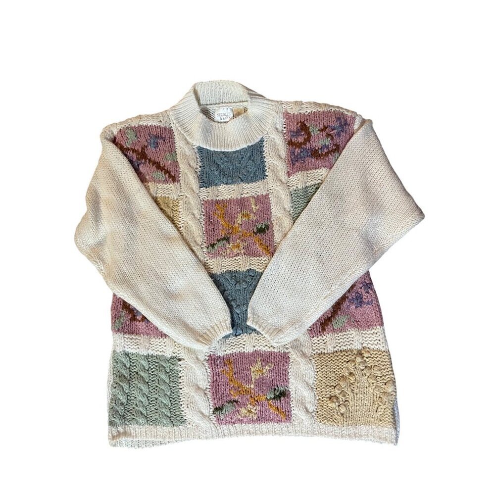 Vintage 90s Needles & Yarn Sweater Womens M Patchwork Floral Knit Korea - Picture 15 of 16